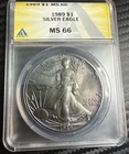 1989 ANACS MS66 Silver Eagle Double Sided Blueberry Toning