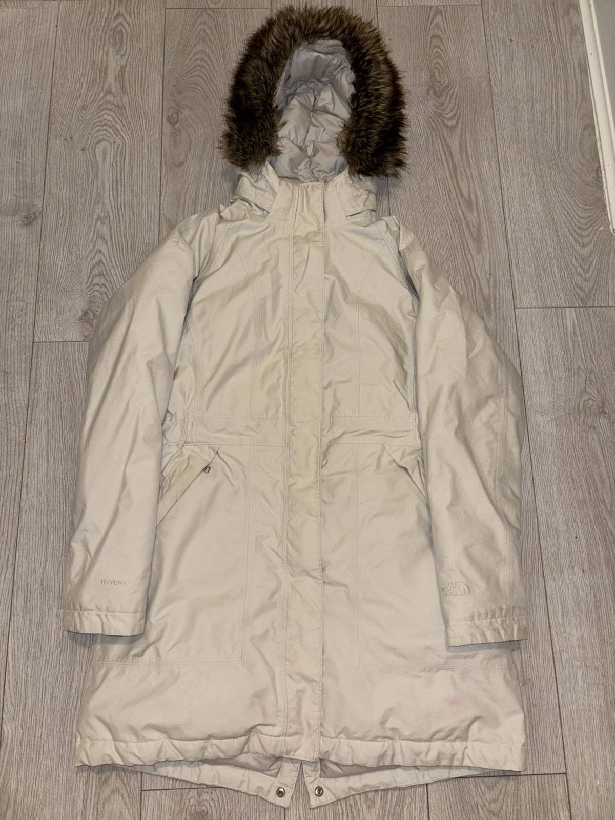 OFF WHITE The north face hyVent Parka donna taglia large bianco sporco felpa con cappuccio pelliccia sintetica