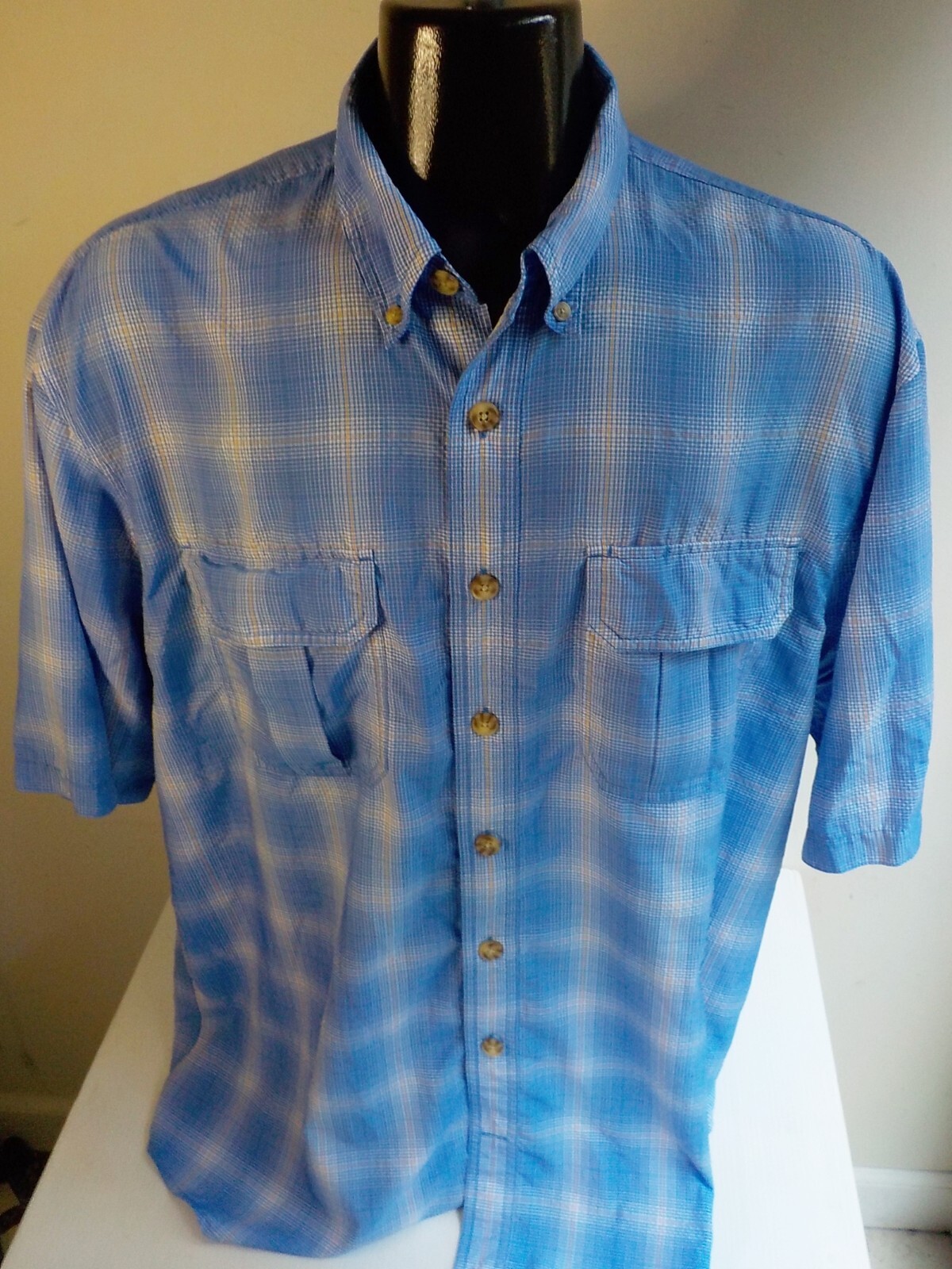 DULUTH TRADING CO SS Button Down Plaid Shirt Nylon Blend Blue SZ XL TALL