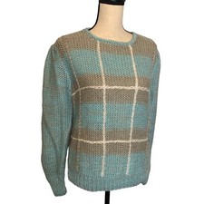 Vintage Evian Sweater Womens Large Knitted by Hand Blue Gray 1980s Pullover