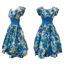 Vtg 50s 1950s MCM Mid Century Pinup Rockabilly Bombshell Blue Garden Party Dress