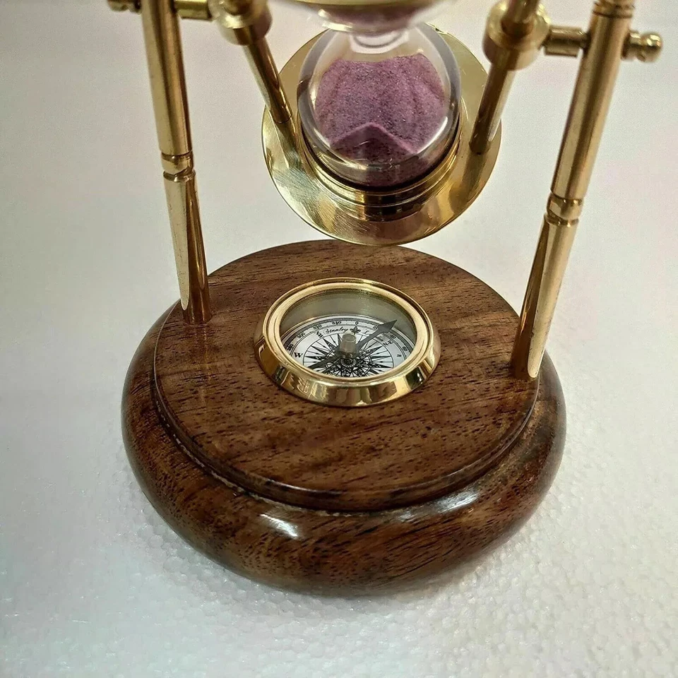 Brújula de reloj de arena temporizador de latón base de madera regalo tapa náutica giratoria antigua Foto 3 de 4