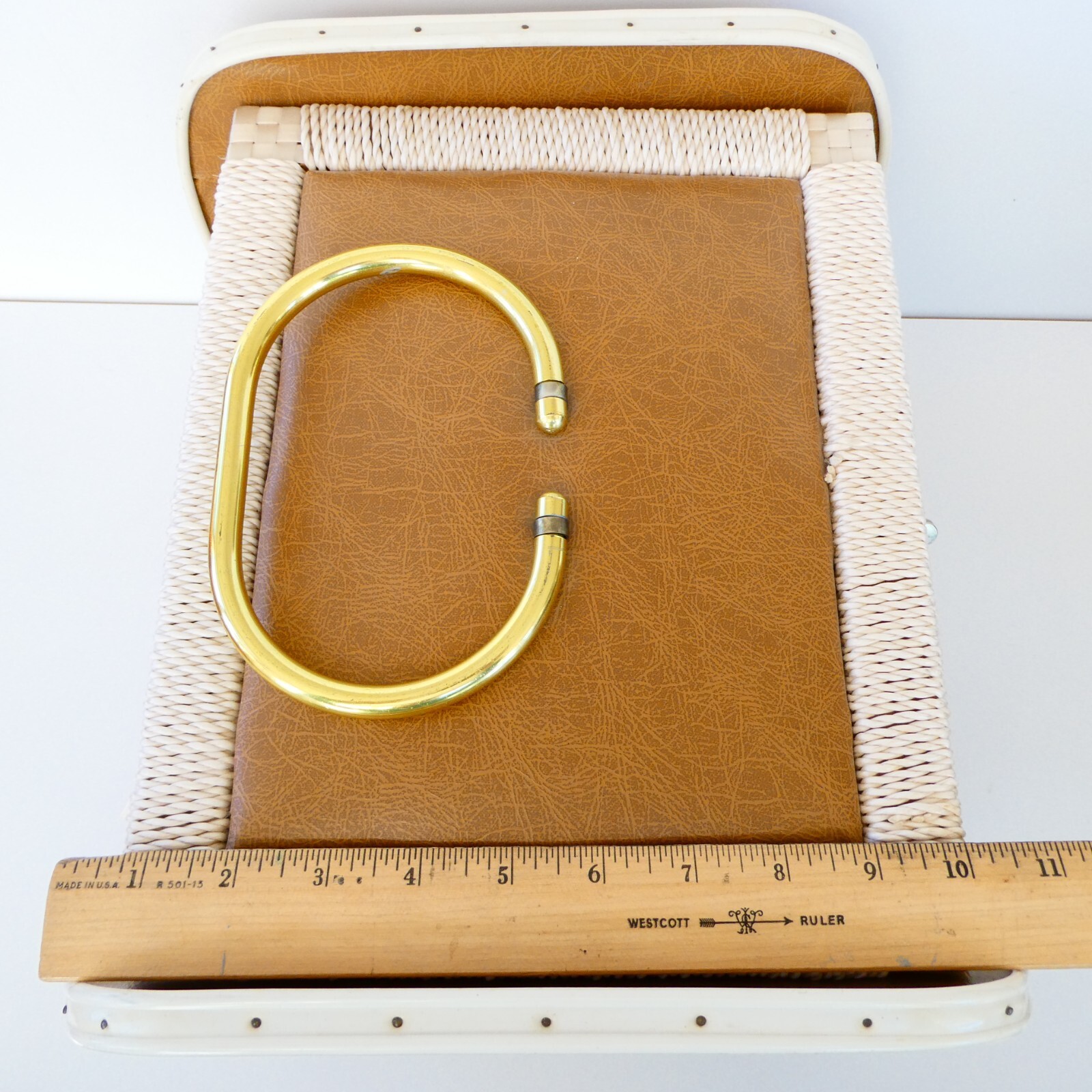 Singer Wicker Sewing Box Wood Plastic Tray Brown White Vintage Japan MCM