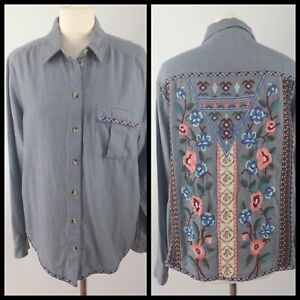 M&amp;S Collection Size 14 Blue Chambray Shirt Blouse Embroidered Back Long Sleeve 