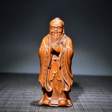Chinese Antique Vintage Boxwood Carved Confucius Statue Sculpture Collection Art