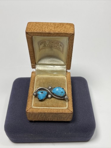 Navajo Native American Signed Sterling Silver & Turquoise Two Stone Brooch