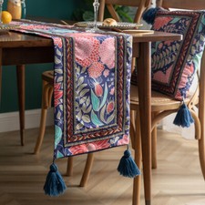 Floral Embroidered Tassel Table Runner Tablecloth Cover Jacquard Home Decors