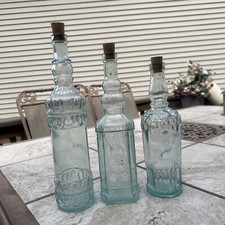 Wine, Whiskey Set Of 3 Glass Bottles With Cork Embossed Rope Design Home Decor
