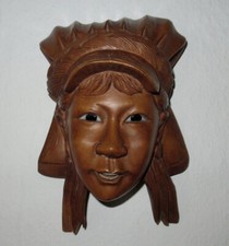 ALTE MASKE - FRAUENKOPF - ASIEN - ROSENHOLZ - GLASAUGEN