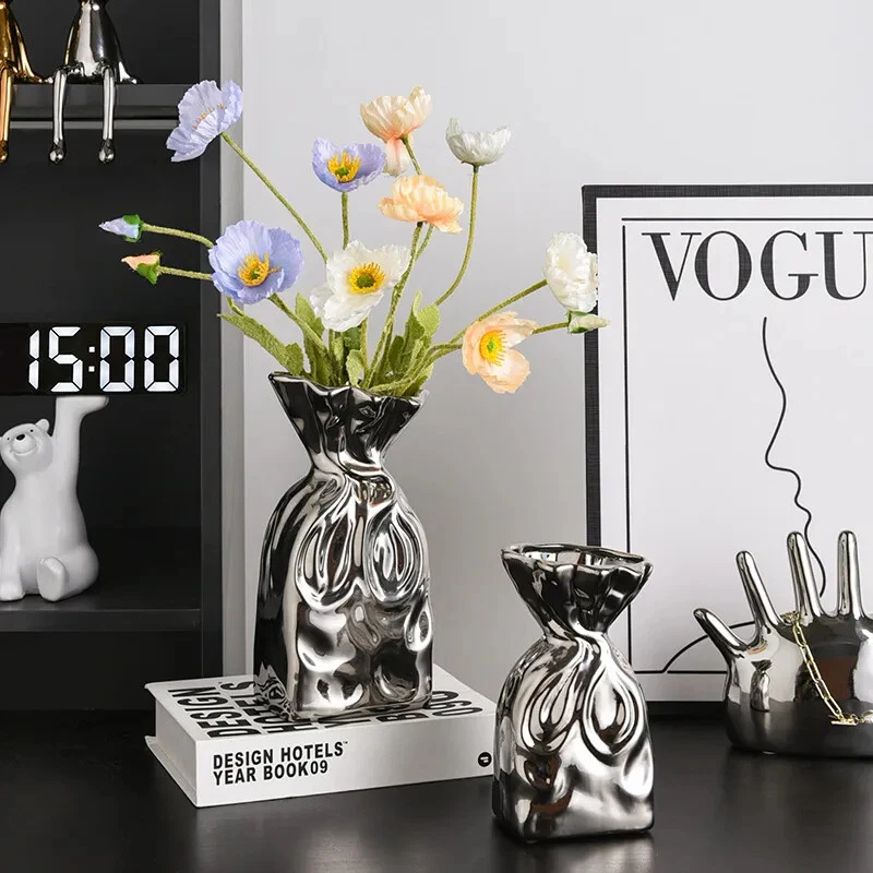 Modern Luxury Vase Ceramic Silver Pleated Flower Vase