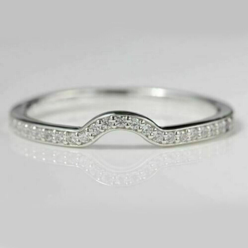 Curved 0.50Ct Lab Diamond 14K White Gold Plated Silver Wedding Band-image