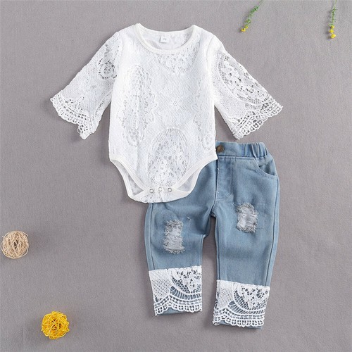 Baby Girl Clothes Fall Cute Baby Girl Outfit Sets Lace Romper Blue Denim Pants - Picture 1 of 7