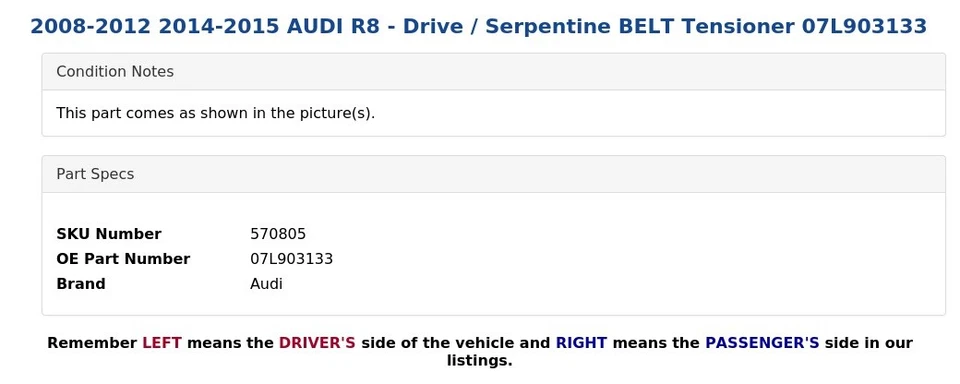Audi R8 2008-2012 2014-2015 - Tensor transmisión/cinturón serpentino 07L903133 Foto 4 de 4