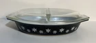 Vintage Pyrex Black Snowflake Oval 1.5 Quart Casserole Dish Divided with Lid
