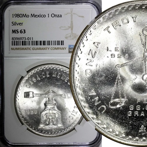 MEXICO Silver 1980 Mo Onza Scale  NGC MS63 GEM BU KM# M49b.5 (11)