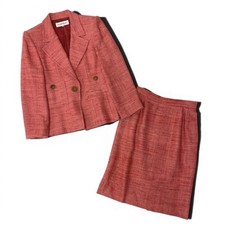 YVES SAINT LAURENT Tweed Skirt Suit Set Silk Pink Jacket Skirt Size 36 Women