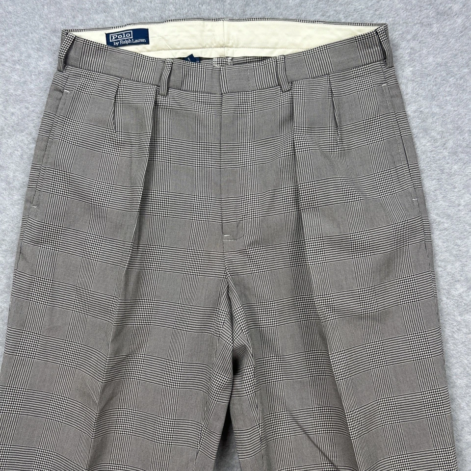 Pantalones Polo Ralph Lauren de Colección Para Hombres 34x32 Gris Glen Check Puños Vestido Plisado Foto 3 de 4