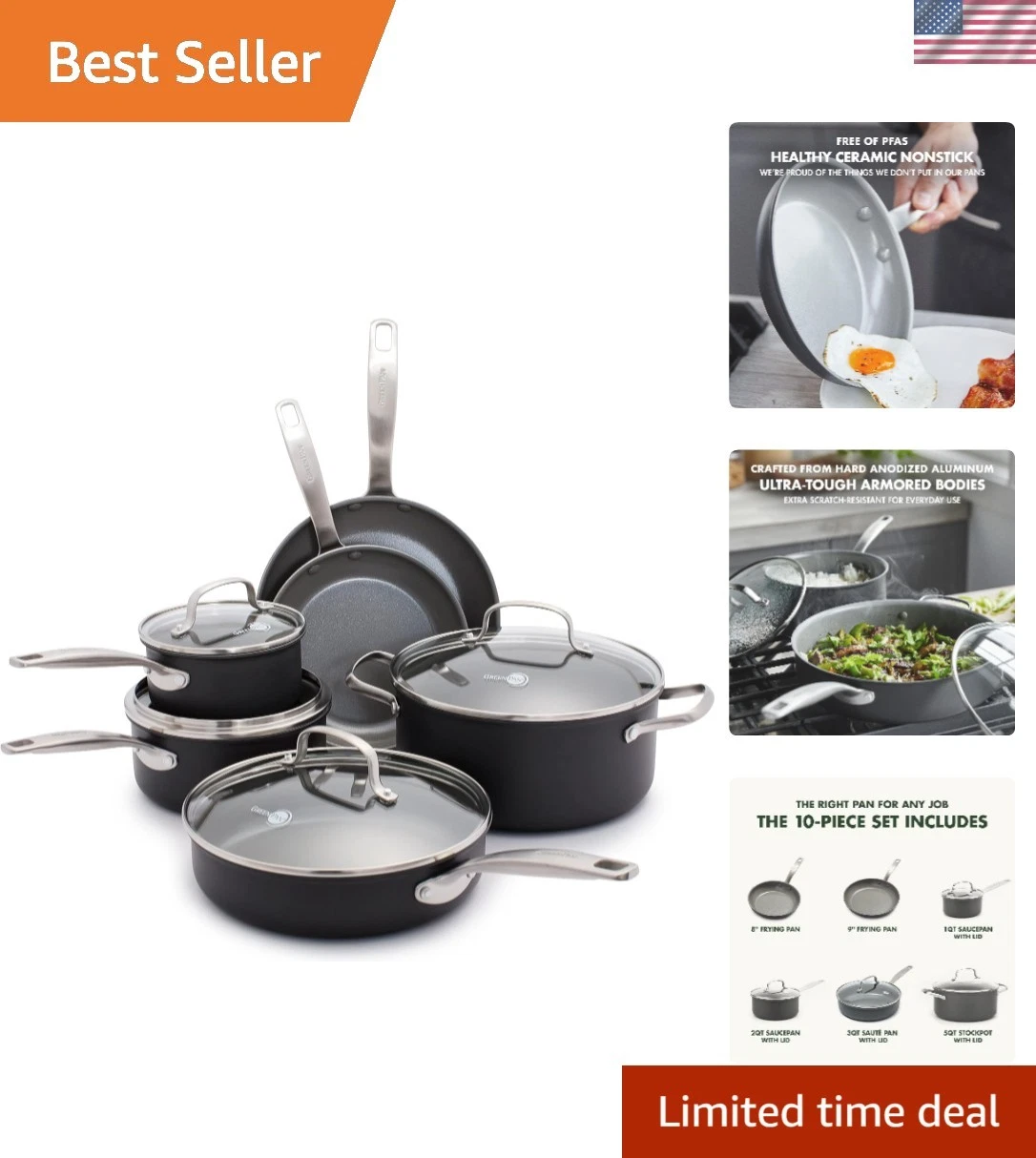Chatham Hard Anodized Healthy Ceramic Nonstick 10 Piece Cookware Pots and Pan...