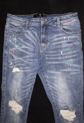 Paper Money Men s Distressed Paint Splatter Skinny Jeans Blue Denim Streetwear