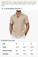 COOFANDY Men's Cuban Guayabera Shirt Size Large
