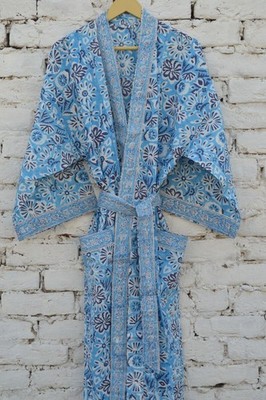 Pure Block Print Long Kimono 100% Cotton Dress 100% TARRIF FREE 0% CHARGE KM-55*