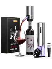 Rechargeable Electric Wine Gift Set - Aerator, Vacuum Stoppers, Foil Cutter a...