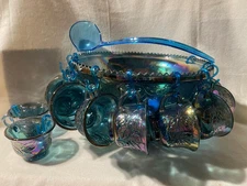 Vintage Blue/Purple Carnival Glass Punch Bowl W/ 12 Cups Grape/Leaf Pattern