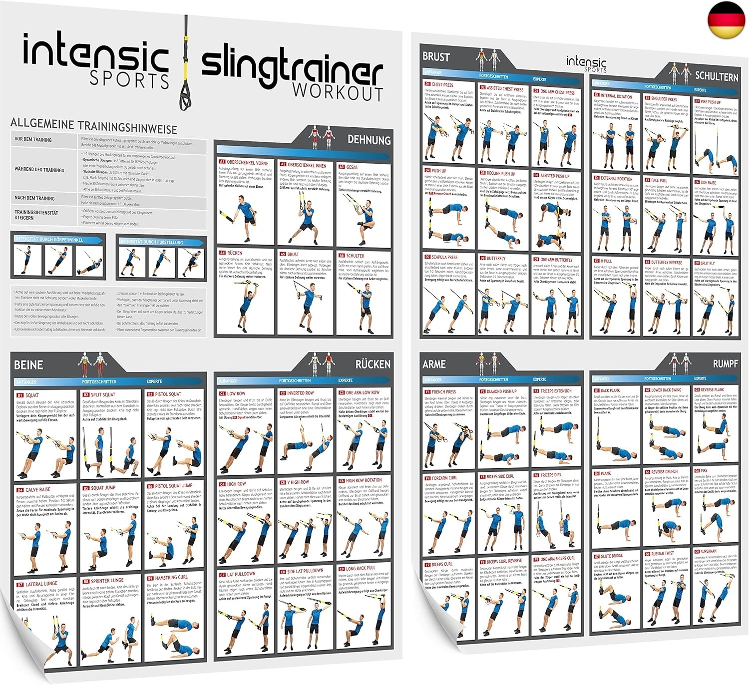 Slingtrainer Workout Poster Set | 60 Fitness-Übungen für Slingtraining | M