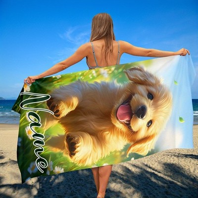 1pc Large ized Golden Retriever Puppy Beach Towel with Custom Name/Number - Su