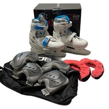 DBX Girls Adjustable Ice Skates Set Blue Size Medium 1 through 4 Gear Package