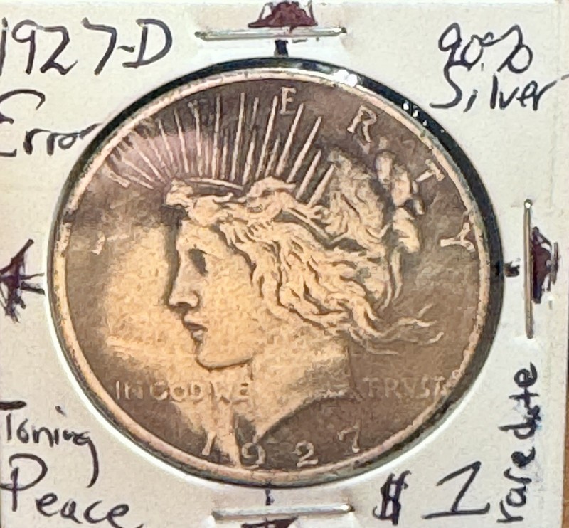RARE ERROR 1927-D PEACE SILVER DOLLAR 135 Degree Rotated Die & TONING Key Date