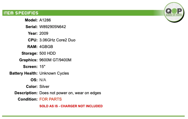 PARTS - 2009 Apple MacBook Pro 15" A1286 - 3.06GHz Core 2 Duo, 4GB RAM, 500 HDD - Image 2 of 4