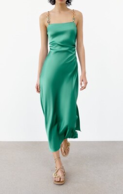 NEW Zara Slip Dress With Chain Strap Square Neck Sea Green Size Small | eBay