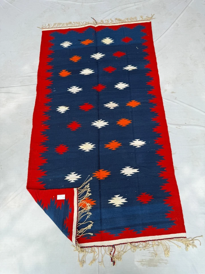 Хлопковый ковер ручной работы | винтажный | 100% хлопок | 3x6 футов | синий и красный - Изображение 3 из 4