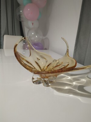 CHALET KUNST GLAS GROSSES BERNSTEIN HERZSTÜCK SELTEN ''E'' (EATONS) MARKE