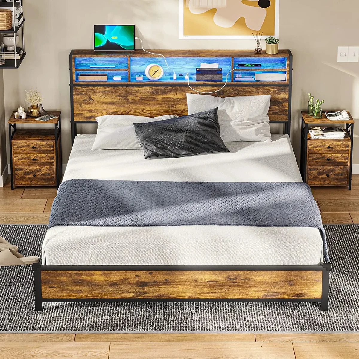 Headboard with on sale lights and usb