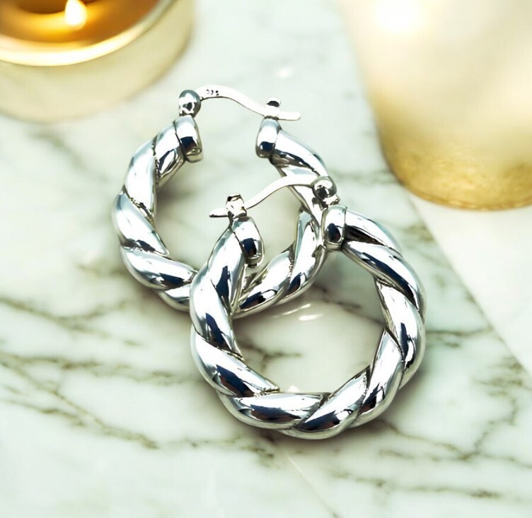 Sterling Silver Twisted Hoops, 925 Latch Back Earrings Lightweight