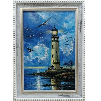 Lighthouse Original Oil Painting 4x6 Framed Signed Nautical Seascape Sea Art