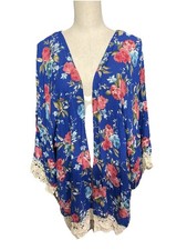 Umgee Blue Open Front Floral Overlay Cardigan Top Boho Lace Trim Medium