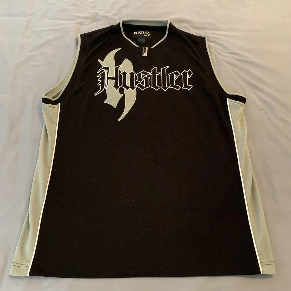 Hustler 球衣背心衬衫男式中号黑色灰色图案印花无袖上衣 — 第 2/4 张图片