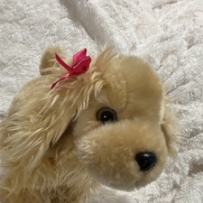 Beige Dog Stuffed Animal Plush Toy Small Pink Bow 6-14 Inches Soft Cuddly