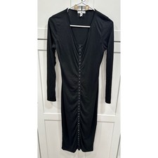 BP Ribbed V Neck Long Sleeve Snap Front Midi Dress Black Size S