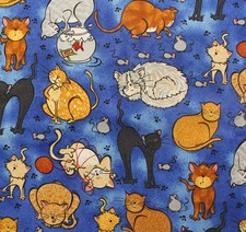 Feline Drive Fabric WHISKERS TAILS Cats Blue - Fat Quarter 18"x22" FQ