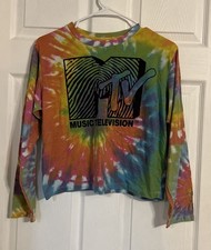 MTV Rainbow Tie Dyed Crew Neck Logo Long Sleeve Size Medium Kids Tshirt