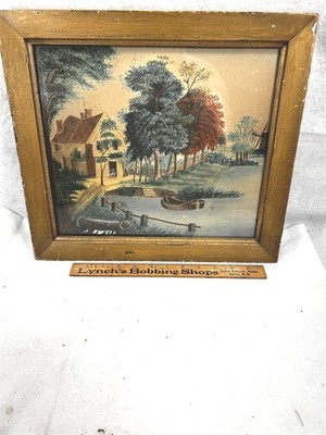 antique wood framed water color painting farm lake 15.5 x 13.75 original 19thc 