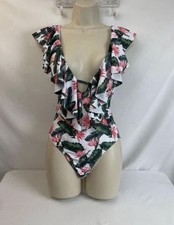 Women s Tropical Ruffle One Piece Swimsuit Deep V Floral Monokini NWT Small