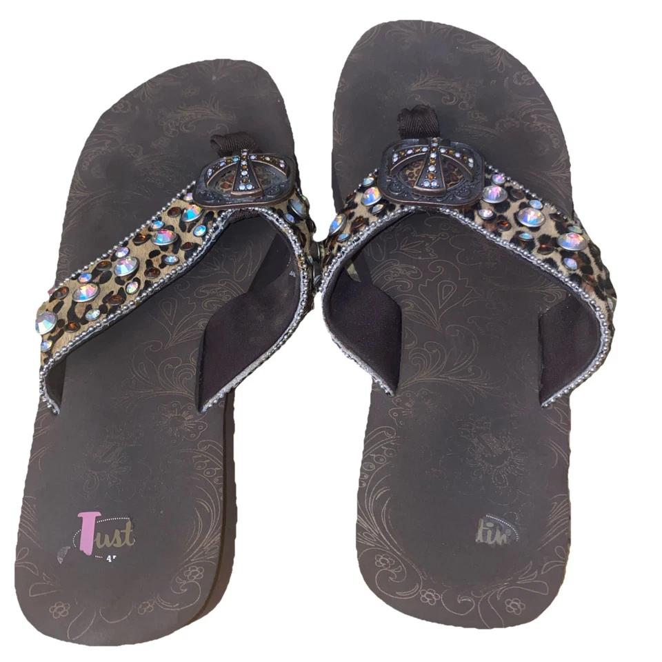 Justin Botas Plataforma Chanclas Talla 9 Marrón Cuña Imitación Pelo Estrás Bling Foto 4 de 4