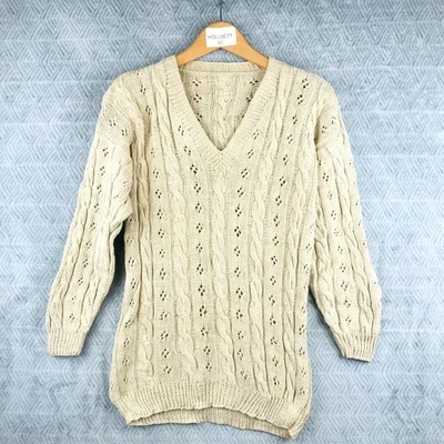 Vintage Pull Femme S Beige Col V Maille Torsadée Longline Ajourée Hiver Enfiler - Photo 1/4