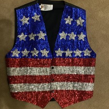 Vintage JC 001 Stars Stripes USA Flag Vest Sequins Adjustable Back Large