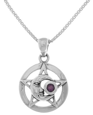 Schmuck Trends Sterlingsilber Mond Stern Pentakel Anhänger mit Amethyst auf 18 Zoll
